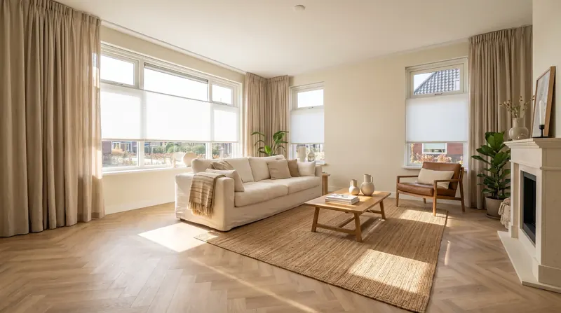Lichte woonkamer met overgordijnen, rolgordijnen en een houten vloer