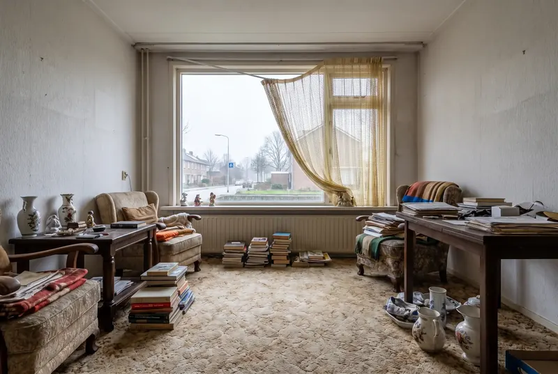 Woonkamer met oude vitrage en een versleten vloerkleed, voor de make-over