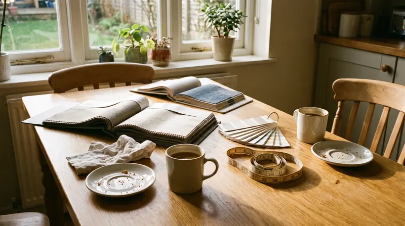 Stalenboeken, stofstalen en koffie op de keukentafel