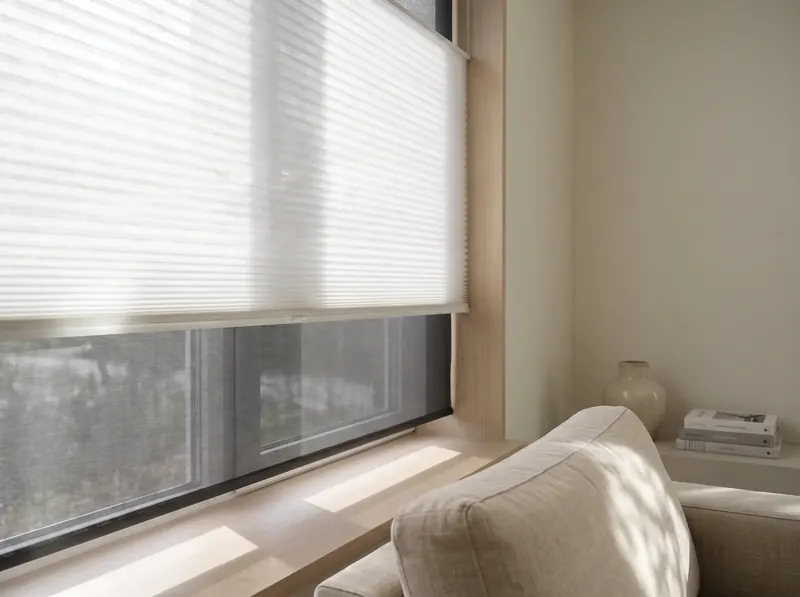 Wit plissé gordijn voor een breed raam