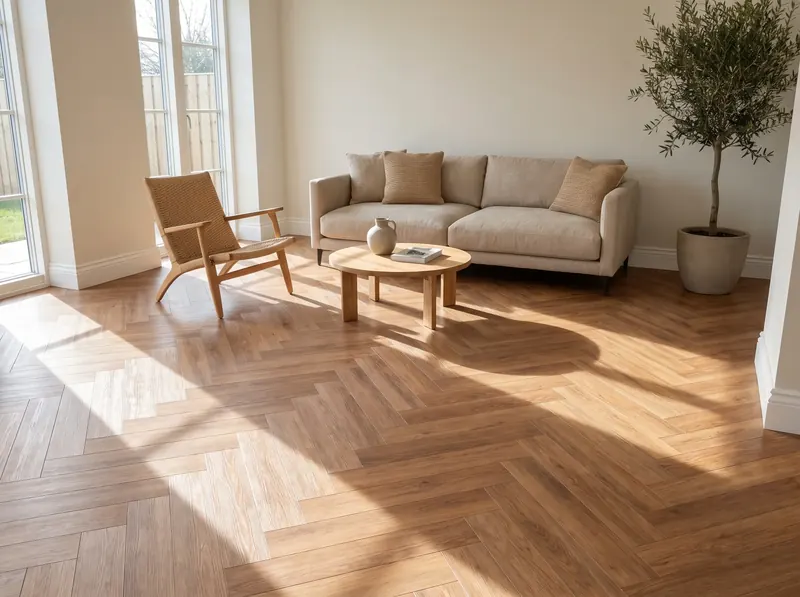 Woonkamer met een visgraatvloer in houtlook