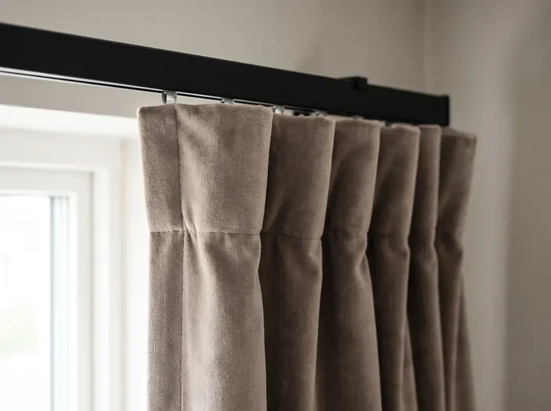 Taupe overgordijn met plooien aan een zwarte gordijnrail