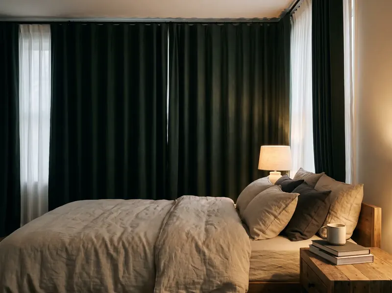 Slaapkamer met donkergroene verduisterende gordijnen