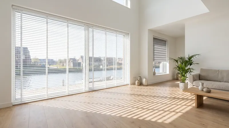 Woonkamer: Houten jaloezieën en duo-rolgordijn