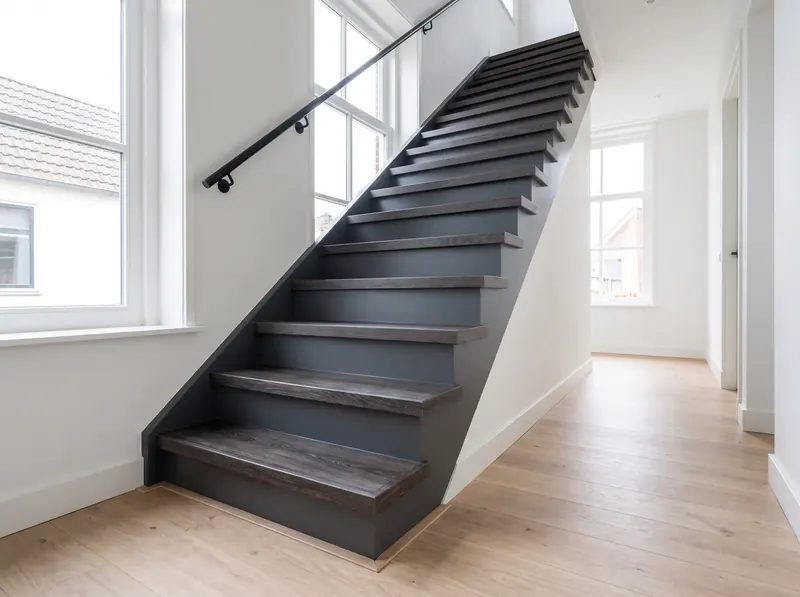 Trap in donkere betonlook met zwarte leuning