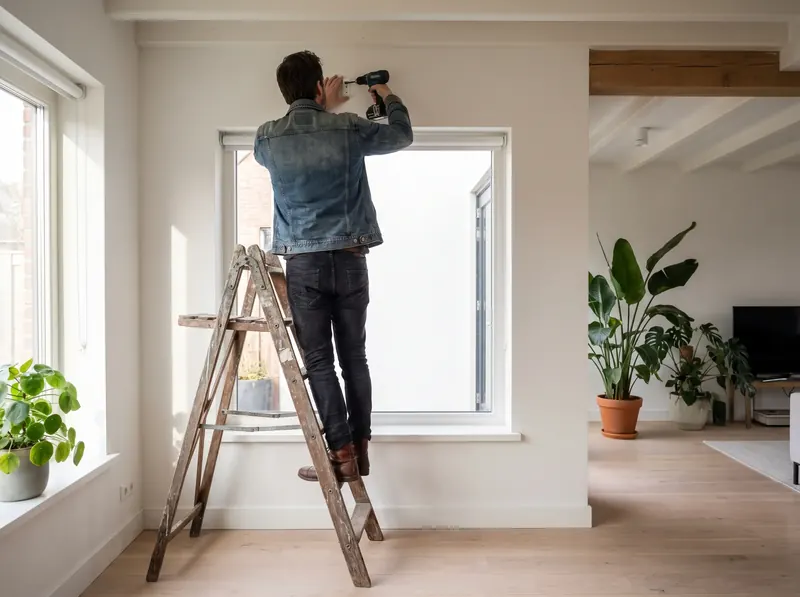 Monteur op een trapje boven een raam